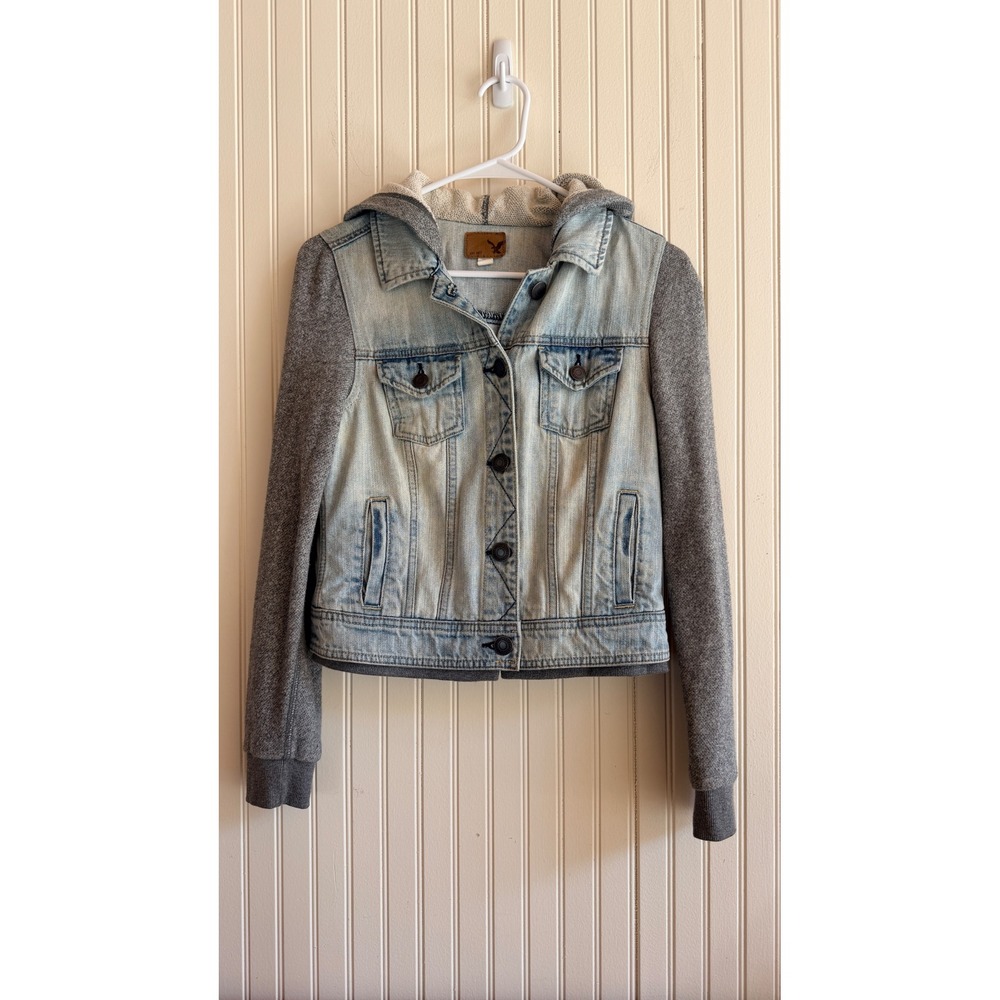 Mixed Media Denim‎ Jacket Grey Hoodie Sleeves Light Wash Womens S